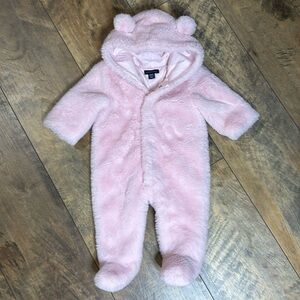 JANIE AND JACK Infant Faux Fur Pink Bear Suit, Size 0-3 Months, EUC.